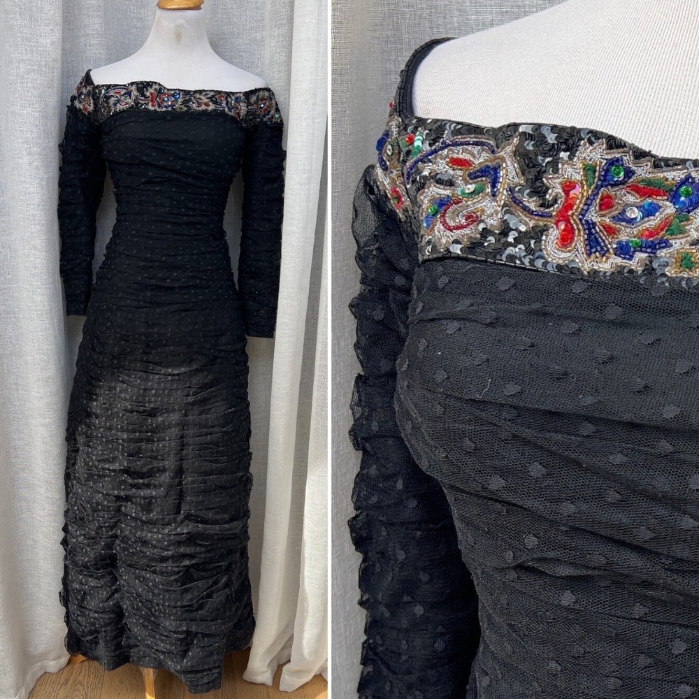 1970 Black Off shoulder Tulle Evening Gown with Sequin Embellished Neckline